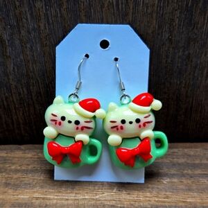 Christmas Cat Earrings Pierced Coffee Cat Santa Hat Bow Cat Lady Dangle Drop NWT